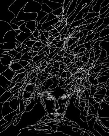 line art drawing woman with long tangled hair on black backgroundの写真素材