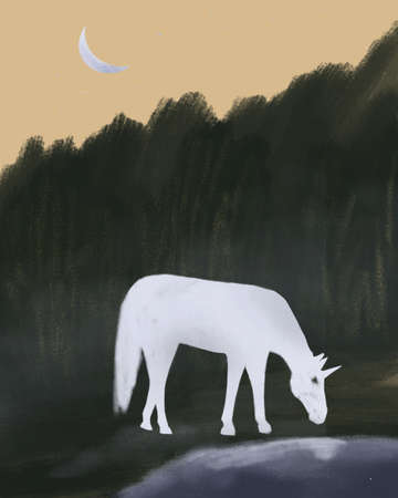 white unicorn at night in the forest an illustrationの写真素材