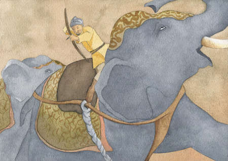 elephant archer, warrior archer watercolor illustrationの写真素材