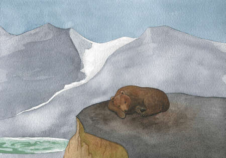 bear sleeps on the rocks, mountain view, watercolor illustrationの写真素材