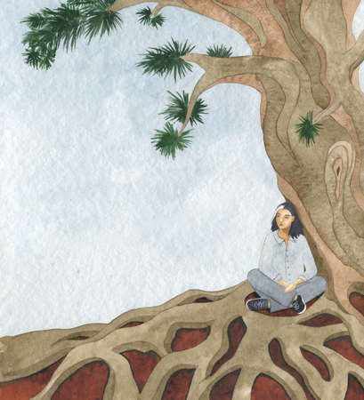 a girl sitting under a tree, watercolor illustrationの写真素材