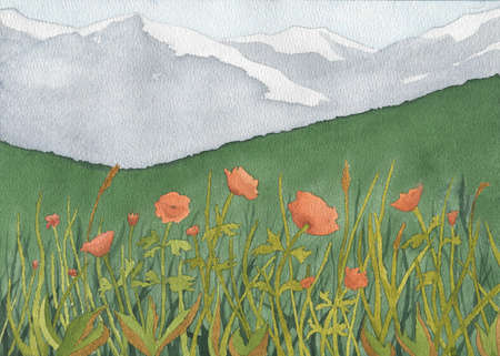 orange flowers meadow mountain landscape, watercolor illustration artの写真素材