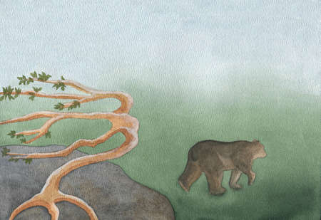 brown bear cub in the rocks watercolor colorful illustrationの写真素材