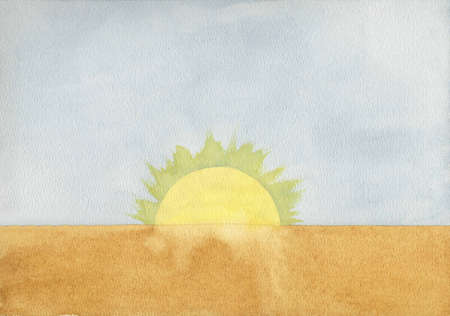 bright yellow sun on the horizon, bright watercolor sunny backgroundの写真素材