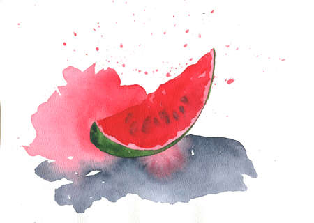 piece of watermelon watercolor drawing on a white backgroundの写真素材