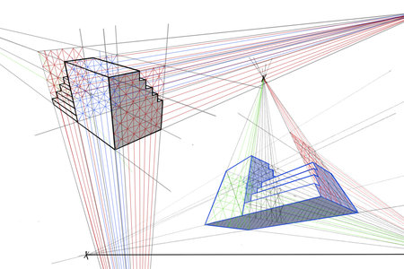 Building a cube and staircase in linear perspective. Visual material for art students.の写真素材
