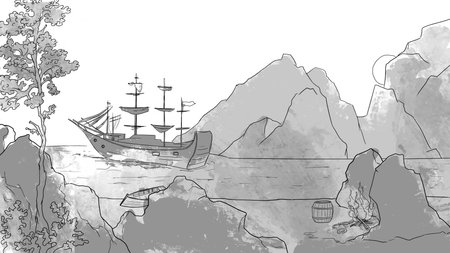pirate ship at sunset, landscape with a bonfire on the beach, sketch black and white illustrationの写真素材