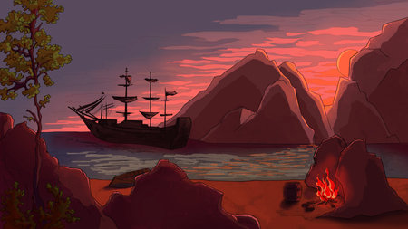 pirate ship at sunset, landscape with a bonfire on the beach, color illustrationの写真素材