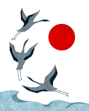 flying cranes and big red sun, Japanese style illustrationの写真素材