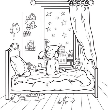 girl looking at stars in window before sleep, vector outline drawingのイラスト素材