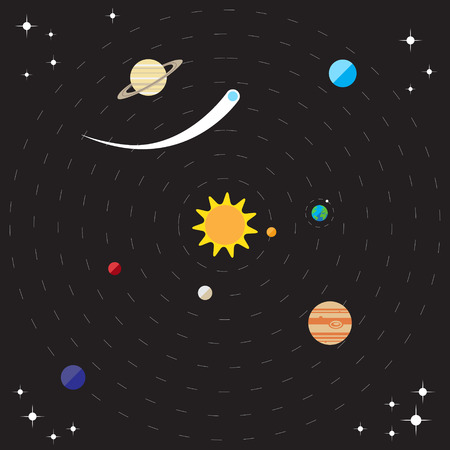 Flat style solar system illustration with planets, comet, stars and sunのイラスト素材