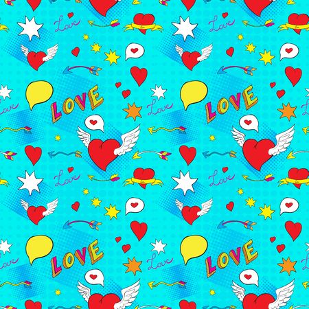Comic seamless pattern for Valentine Day with hearts, arrows, bubbles and text elementsのイラスト素材