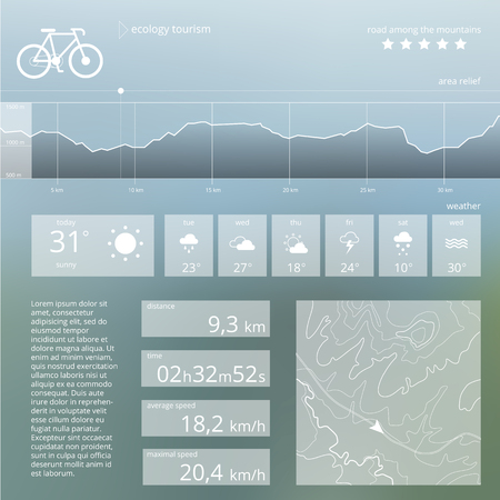 Ecology tourism. Vector web and mobile interface template. Ecological route widget design. Minimalistic backdropのイラスト素材