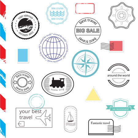 Vector Set of Stamps and Badges. Passport, post, travel stampsのイラスト素材