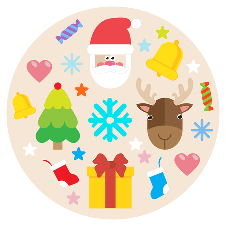 Christmas card with color icon set in the round. Isolated on white background. Flat design.のイラスト素材