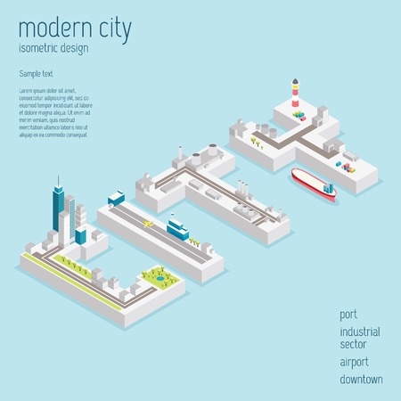 Isometric modern city vector illustration with abstract downtown, airport, industrial zone and portのイラスト素材