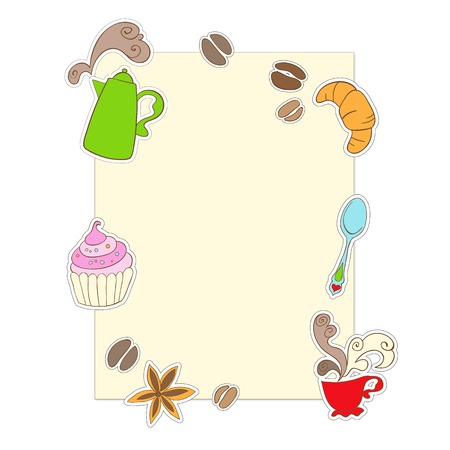 Drawing restaurant menu with the colored labels. Coffee shop menu template. Hand drawn coffee beans, cup, cake, spoon, croissant, coffee pot, cinnamon. Vector illustration. Vector illustrationのイラスト素材