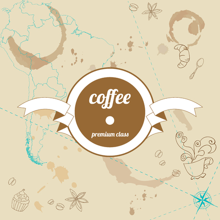 Coffee premium class retro background with frame, ribbons, blots, doodles, and South America map. Vector illustrationのイラスト素材