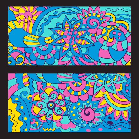 Doodle style cards with colorful elements for design. Vector illustrationのイラスト素材
