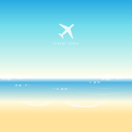 Summer background with airplane icon and text travel time. Beach and tropical sea with waves background. Vector illustration EPS10のイラスト素材