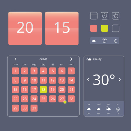 Set of flat design elements, widgets and icons. Template for mobile app and website design. Calendar, clock, weather forecast widgets, buttons and iconsのイラスト素材