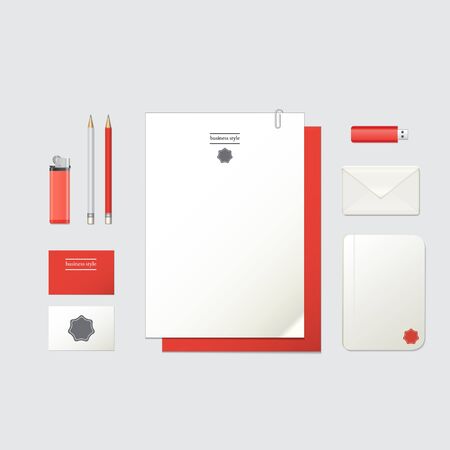 Corporate identity template. Blank, business cards, envelope, pencils, flash drive, lighter, notepad with corporate sign. Isolated with soft shadows. Red and white colors. Vector illustration. Vector illustration EPS10のイラスト素材