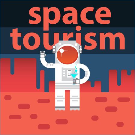 Creative design concept space tourism. Astronaut with a cocktail on Mars. Vector posterのイラスト素材