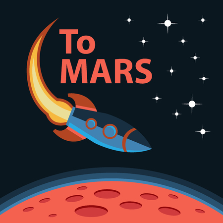 Creative design concept space mission. Mars exploration mission. Vector poster with spaceship and Mars surface. Journey to Marsのイラスト素材