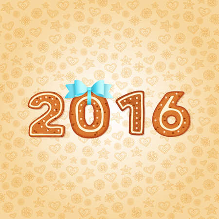 Christmas and New year greeting card. Gingerbread 2016 with blue bow. Vector seamless pattern holiday backgroundの写真素材
