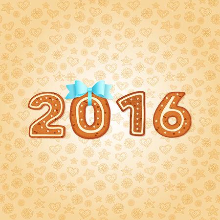 Christmas and New year greeting card. Gingerbread 2016 with blue bow. Vector seamless pattern holiday backgroundのイラスト素材