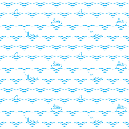 Blue waves, ships, sharks and monsters. Abstract seamless pattern vector illustrationのイラスト素材