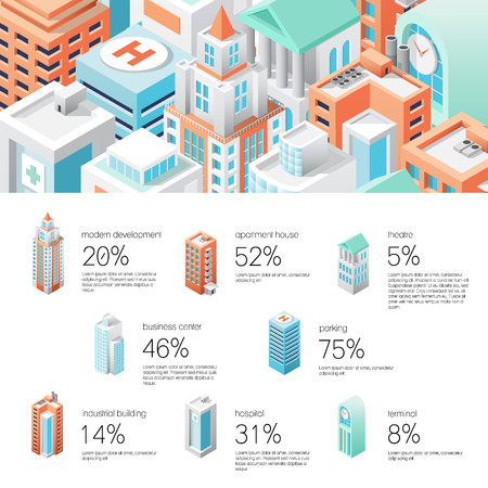 Isometric city infographic. Header with different buildings and icons with explanatory captions.  File contains Ai and PDF formats.のイラスト素材