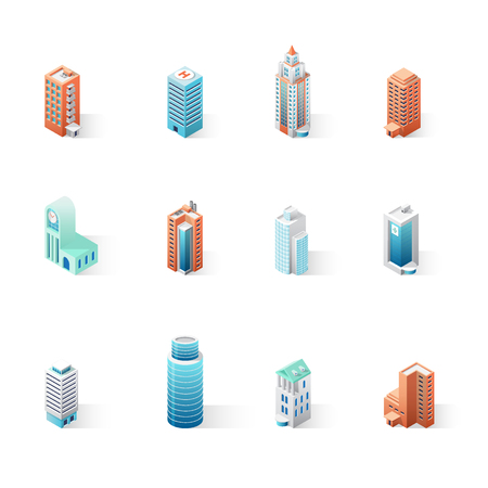 Set of the isometric city buildings. 3D vector illustration isolated on white background for maps, business or web projects.のイラスト素材
