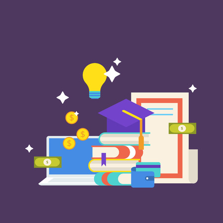 Scholarship concept. illustration in flat style design. University student cap, books, diploma, notebook, money, wallet, credit card and light bulb.のイラスト素材