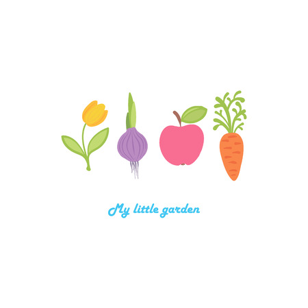 The tulip, onions, apple and carrot are built in a row. My little garden. Cute cartoon set of flower, vegetable and fruit.のイラスト素材