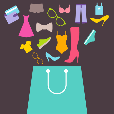 Shopping bag with purchase. Purchase of clothes and footwear. Flat design vectorのイラスト素材
