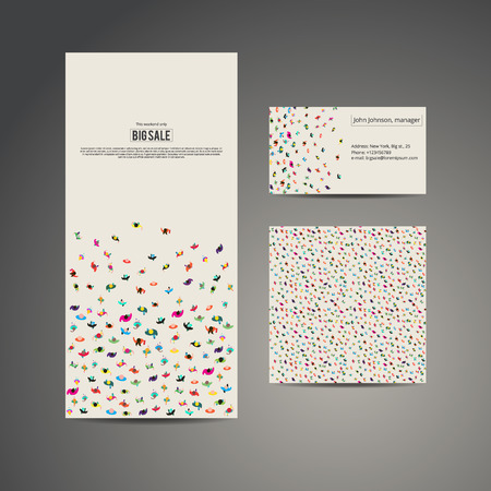 Business brochure flyer banner, business card and card with seamless pattern. Vector template design. Many people run to an inscription big sale. Crowd runs to contact information. People top view.のイラスト素材