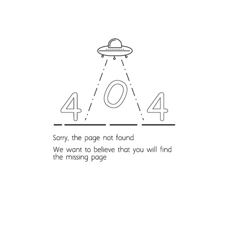 Error 404 website template. Sorry the page not found. UFO abducts the inscription