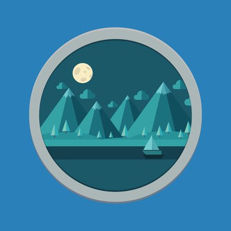 vector modern night flat design conceptual landscapes with houses and mountains. Illustrations of beautiful forest scenes with circleのイラスト素材