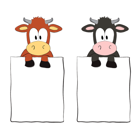 illustration of isolated hand draw cartoon cow with poster on white background.のイラスト素材