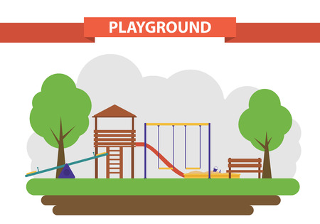 A children's playground in a flat style. set of elements for the construction of the yard. swings, sandpit and slide.のイラスト素材