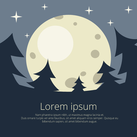 Christmas background with fir trees and the moon and the stars, in a flat style. gloomy picture for postcards and flyers.のイラスト素材