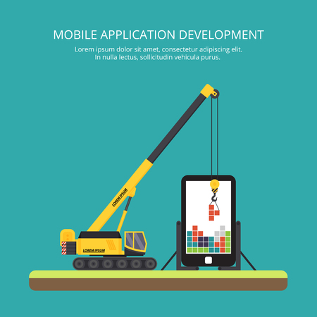 construction of mobile applications using mobile crane. illustration in a flat style.のイラスト素材