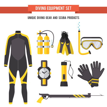 Set of equipment with flat yellow elements for diving and spearfishing in the sea the rivers and lakes.のイラスト素材