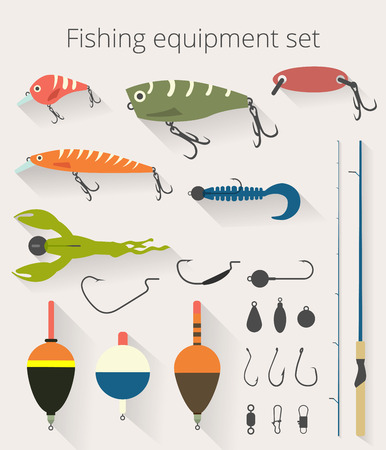Fishing set of accessories for spinning fishing with crankbait lures and twisters and soft plastic bait fishing float.のイラスト素材