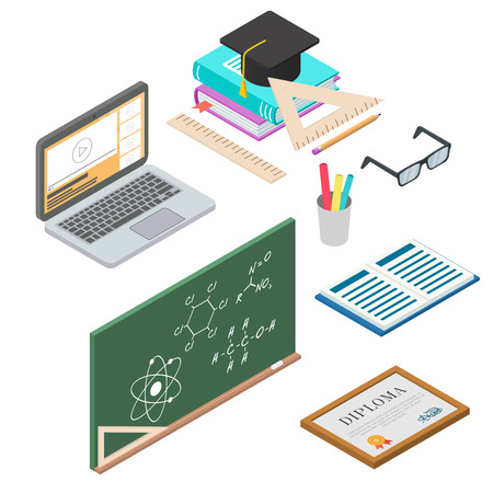 set of vector learning concept. flat 3d isometric illustration. Objects related to school and university education. Can be used for banners, web sites, promotional productsのイラスト素材