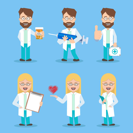 Doctors set women and men in a flat design with working tools. doctor of medicine. doctor with a syringe. doctor with a medical kit. Doctor with documentsのイラスト素材
