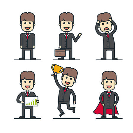 Set of businessman characters in different poses. Flat line styleのイラスト素材