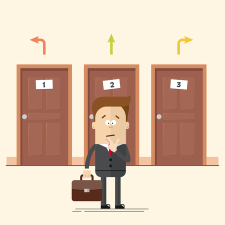 Pensive businessman or manager standing in front of the doors. Select a destination. A man in a business suit. Movement choise. Cartoon flat vector illustration in modern styleのイラスト素材