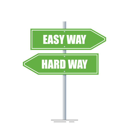 Easy and hard way directions sign isolated on white background. The choice between the two directions. Green road pointer. Flat vector illustrationのイラスト素材